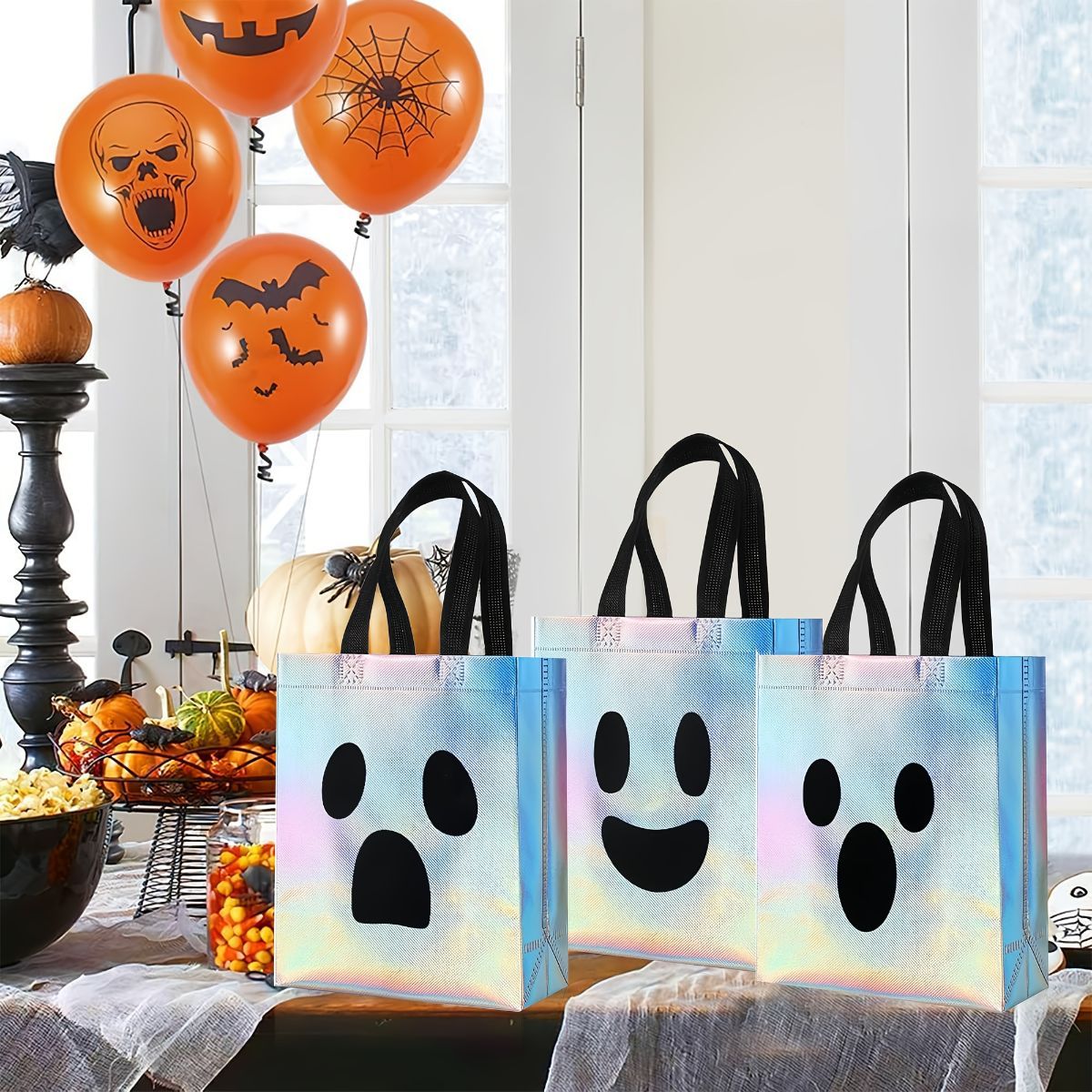 Halloween gift bags, holographic bags, non-woven bags, laser bags, spooky gift bags, Halloween party favors, Halloween treat bags, reusable gift bags, Australian Halloween, Halloween decorations - Silver - Size 16PCS