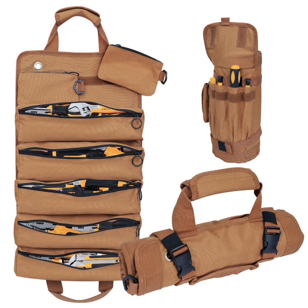 Portable Foldable Roll Up Tool Bag, Heavy Duty Tool Organizer Bag with 5 Compartments & 2 Detachable Pouches for Tools Storage, Waterproof Tool Roll Bag for Dad Men Electrician Mechanic Gifts - Black - Size 21.3*12.6in