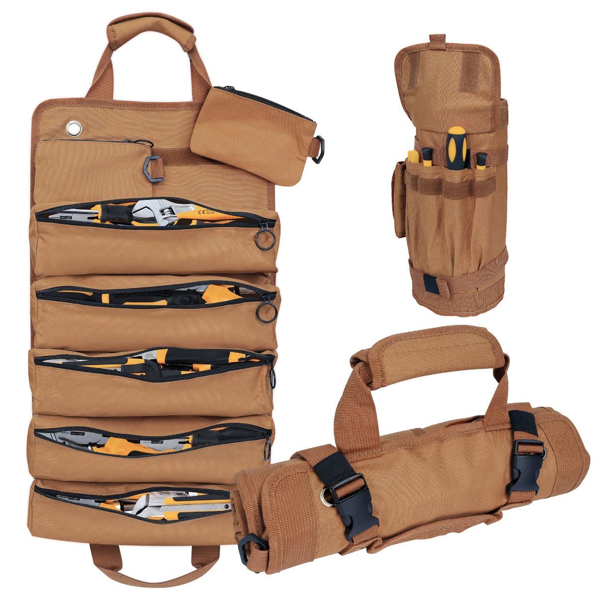 Portable Foldable Roll Up Tool Bag, Heavy Duty Tool Organizer Bag with 5 Compartments & 2 Detachable Pouches for Tools Storage, Waterproof Tool Roll Bag for Dad Men Electrician Mechanic Gifts - Brown - Size 21.3*12.6in