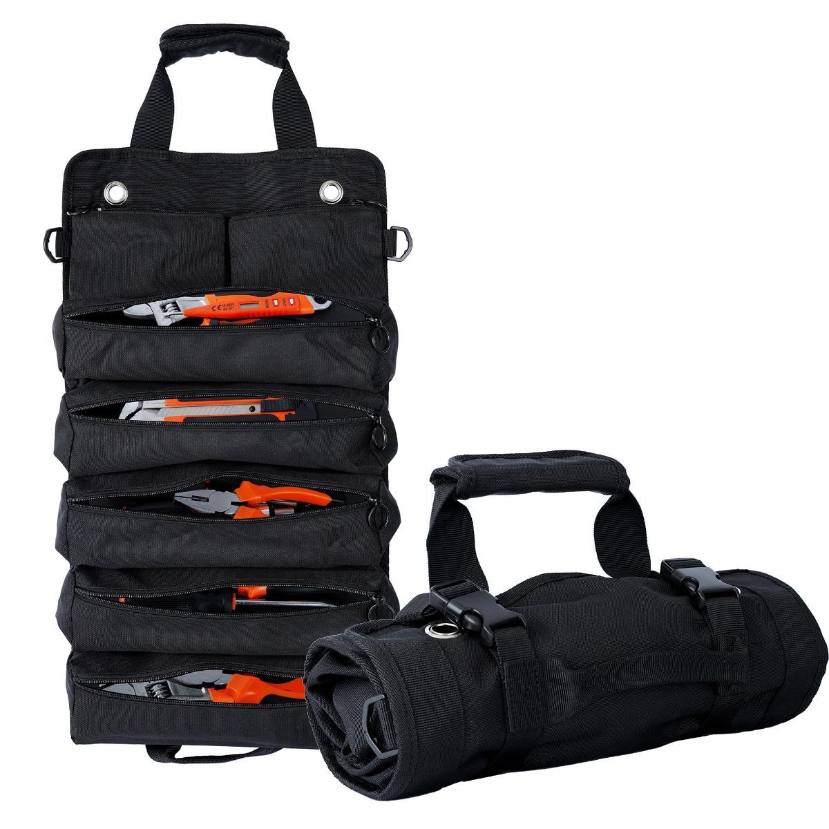 Portable Foldable Roll Up Tool Bag, Heavy Duty Tool Organizer Bag with 5 Compartments & 2 Detachable Pouches for Tools Storage, Waterproof Tool Roll Bag for Dad Men Electrician Mechanic Gifts - Brown - Size 21.3*12.6in