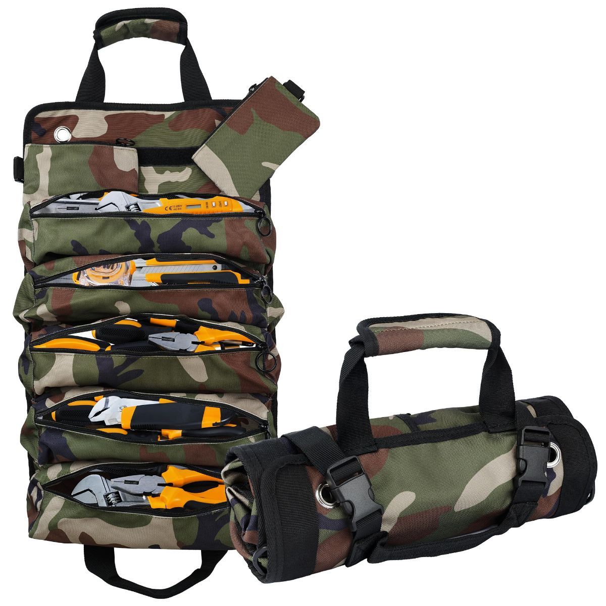 Portable Foldable Roll Up Tool Bag, Heavy Duty Tool Organizer Bag with 5 Compartments & 2 Detachable Pouches for Tools Storage, Waterproof Tool Roll Bag for Dad Men Electrician Mechanic Gifts - Brown - Size 21.3*12.6in