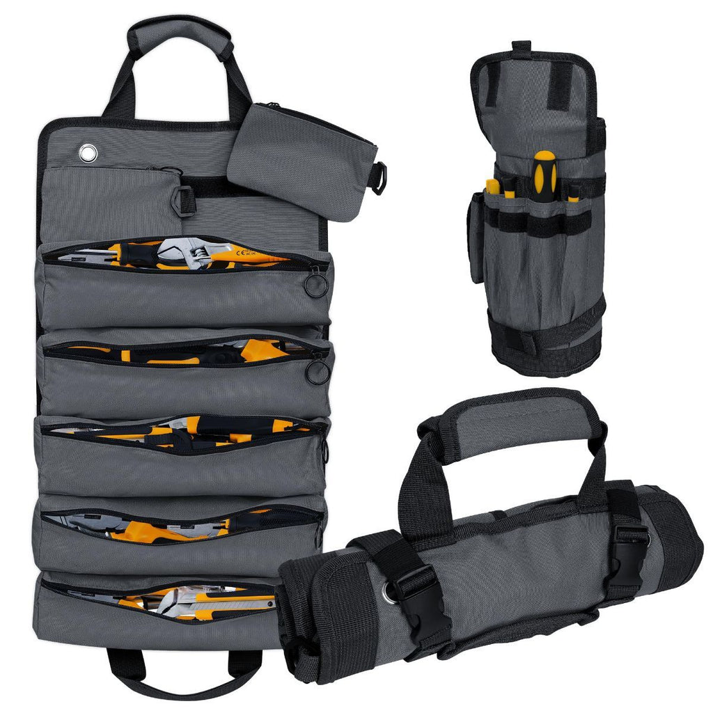 Portable Foldable Roll Up Tool Bag, Heavy Duty Tool Organizer Bag with 5 Compartments & 2 Detachable Pouches for Tools Storage, Waterproof Tool Roll Bag for Dad Men Electrician Mechanic Gifts - Brown - Size 21.3*12.6in