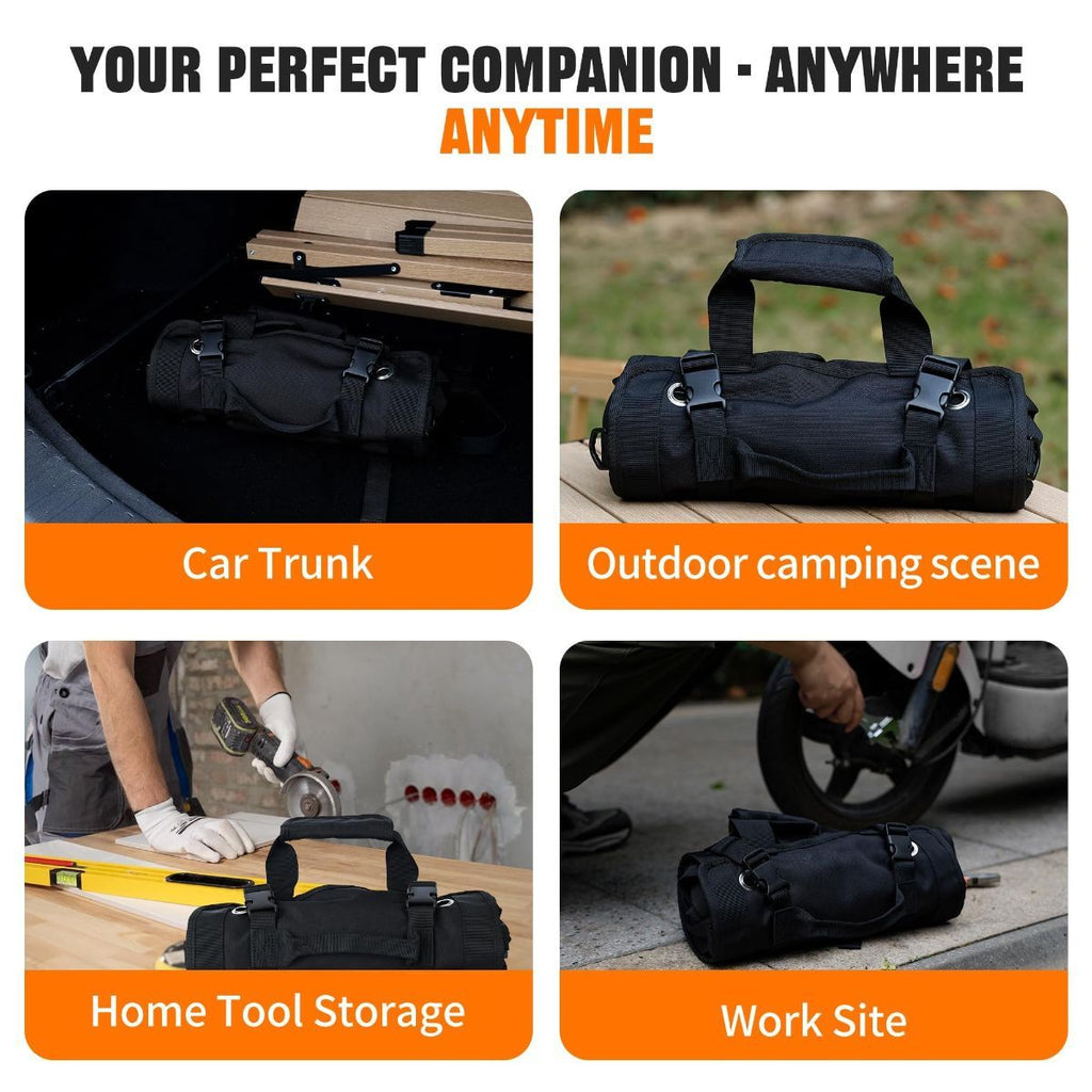 Portable Foldable Roll Up Tool Bag, Heavy Duty Tool Organizer Bag with 5 Compartments & 2 Detachable Pouches for Tools Storage, Waterproof Tool Roll Bag for Dad Men Electrician Mechanic Gifts - Brown - Size 21.3*12.6in