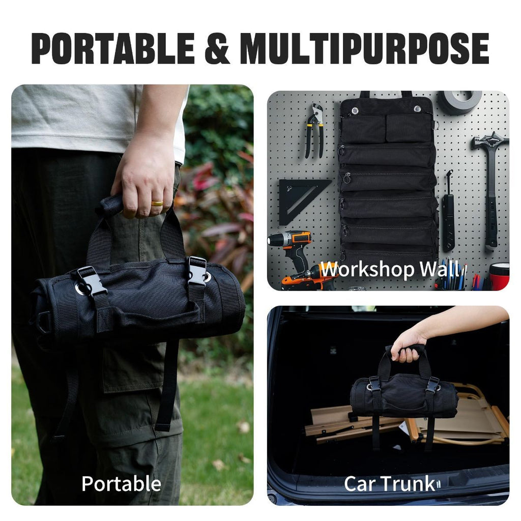 Portable Foldable Roll Up Tool Bag, Heavy Duty Tool Organizer Bag with 5 Compartments & 2 Detachable Pouches for Tools Storage, Waterproof Tool Roll Bag for Dad Men Electrician Mechanic Gifts - Camouflage - Size 21.3*12.6in