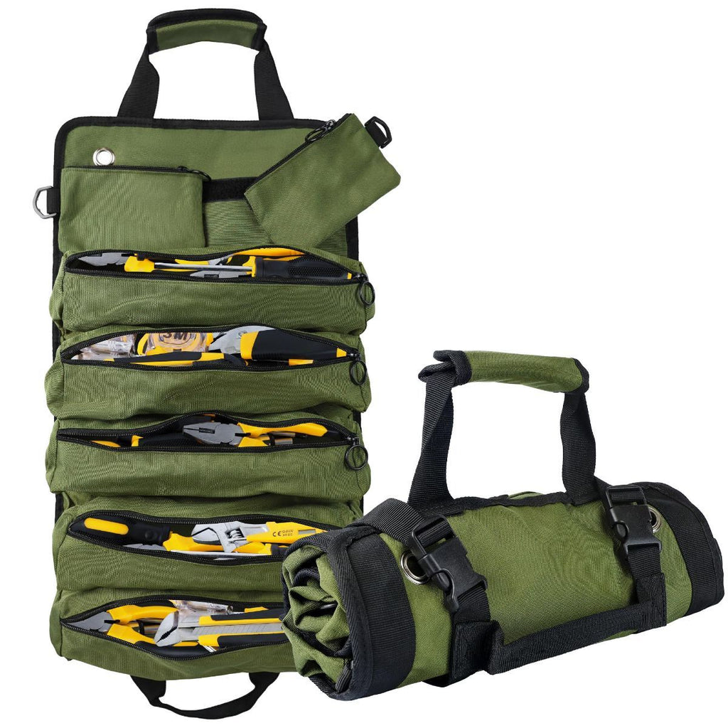 Portable Foldable Roll Up Tool Bag, Heavy Duty Tool Organizer Bag with 5 Compartments & 2 Detachable Pouches for Tools Storage, Waterproof Tool Roll Bag for Dad Men Electrician Mechanic Gifts - Green - Size 21.3*12.6in