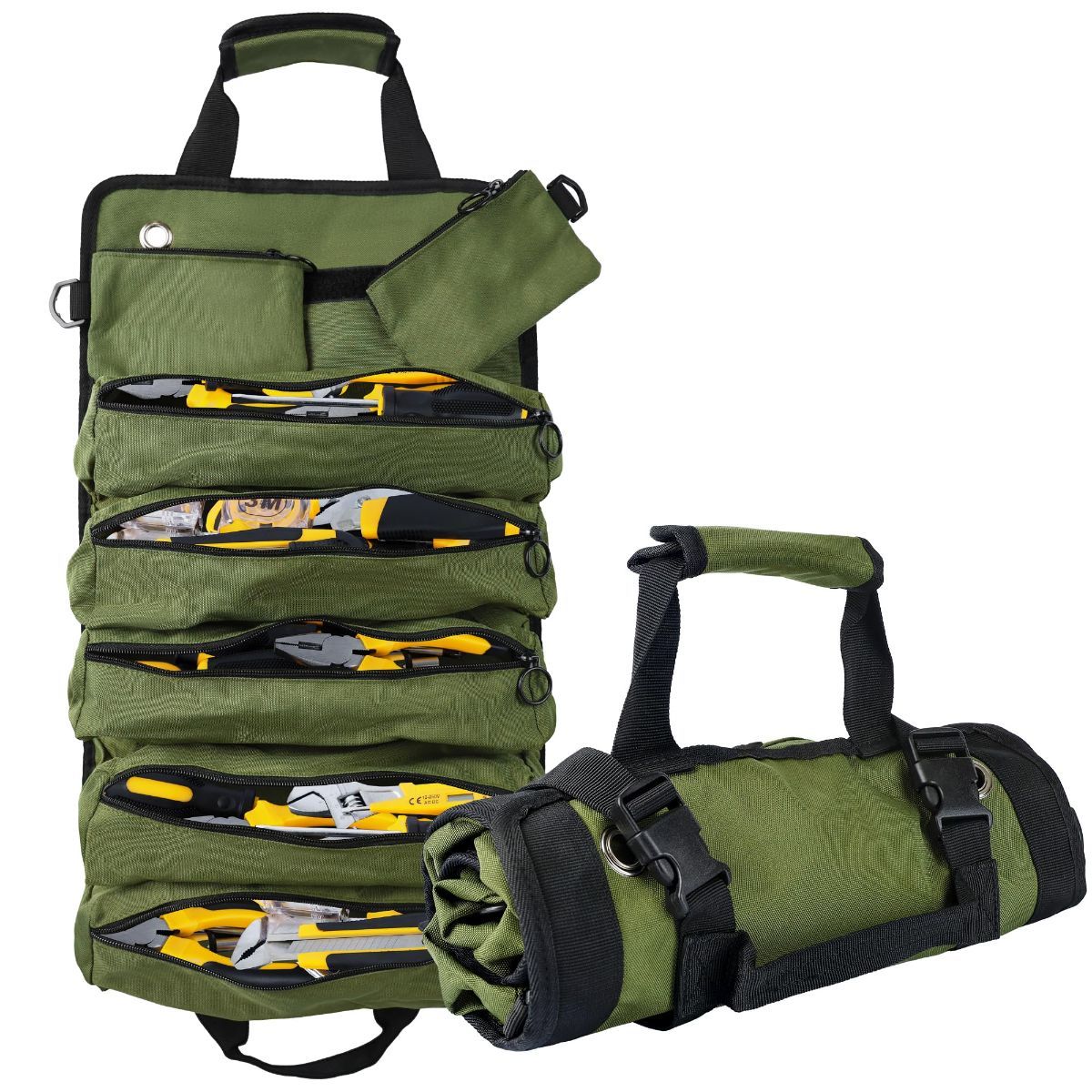 Portable Foldable Roll Up Tool Bag, Heavy Duty Tool Organizer Bag with 5 Compartments & 2 Detachable Pouches for Tools Storage, Waterproof Tool Roll Bag for Dad Men Electrician Mechanic Gifts - Green - Size 21.3*12.6in