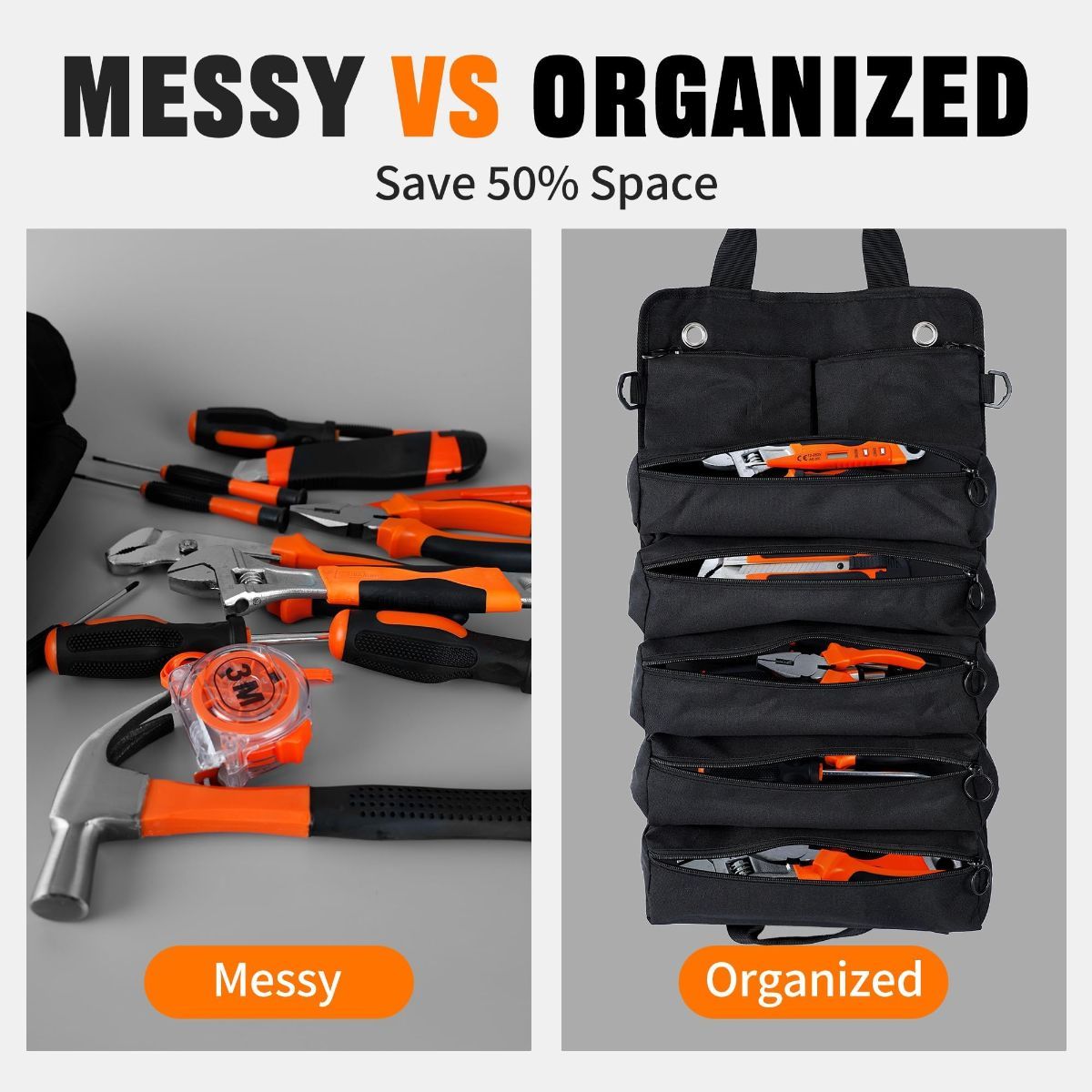 Portable Foldable Roll Up Tool Bag, Heavy Duty Tool Organizer Bag with 5 Compartments & 2 Detachable Pouches for Tools Storage, Waterproof Tool Roll Bag for Dad Men Electrician Mechanic Gifts - Green - Size 21.3*12.6in