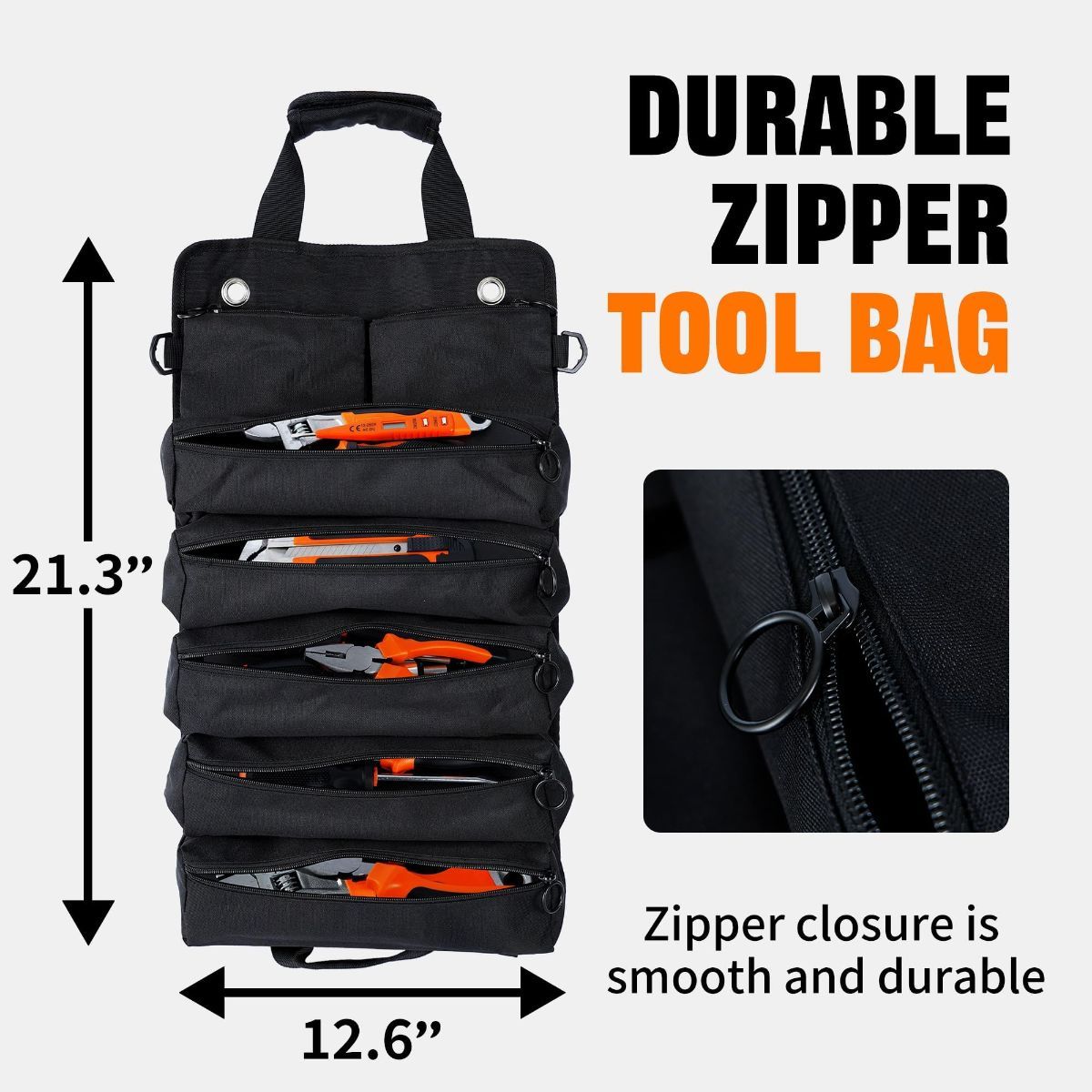 Portable Foldable Roll Up Tool Bag, Heavy Duty Tool Organizer Bag with 5 Compartments & 2 Detachable Pouches for Tools Storage, Waterproof Tool Roll Bag for Dad Men Electrician Mechanic Gifts - Green - Size 21.3*12.6in