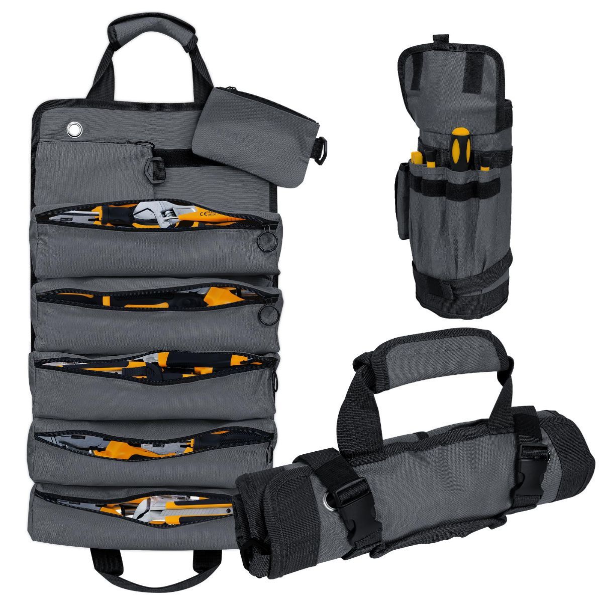 Portable Foldable Roll Up Tool Bag, Heavy Duty Tool Organizer Bag with 5 Compartments & 2 Detachable Pouches for Tools Storage, Waterproof Tool Roll Bag for Dad Men Electrician Mechanic Gifts - Gray - Size 21.3*12.6in