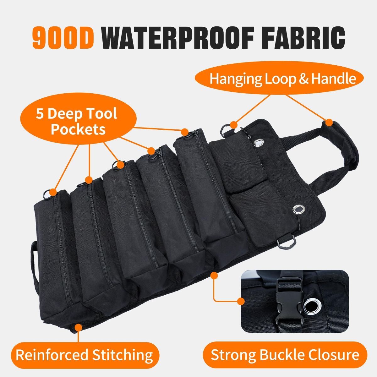 Portable Foldable Roll Up Tool Bag, Heavy Duty Tool Organizer Bag with 5 Compartments & 2 Detachable Pouches for Tools Storage, Waterproof Tool Roll Bag for Dad Men Electrician Mechanic Gifts - Gray - Size 21.3*12.6in
