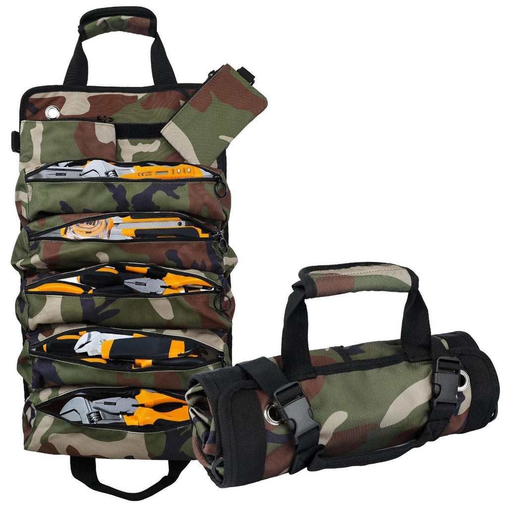 Portable Foldable Roll Up Tool Bag, Heavy Duty Tool Organizer Bag with 5 Compartments & 2 Detachable Pouches for Tools Storage, Waterproof Tool Roll Bag for Dad Men Electrician Mechanic Gifts - Gray - Size 21.3*12.6in