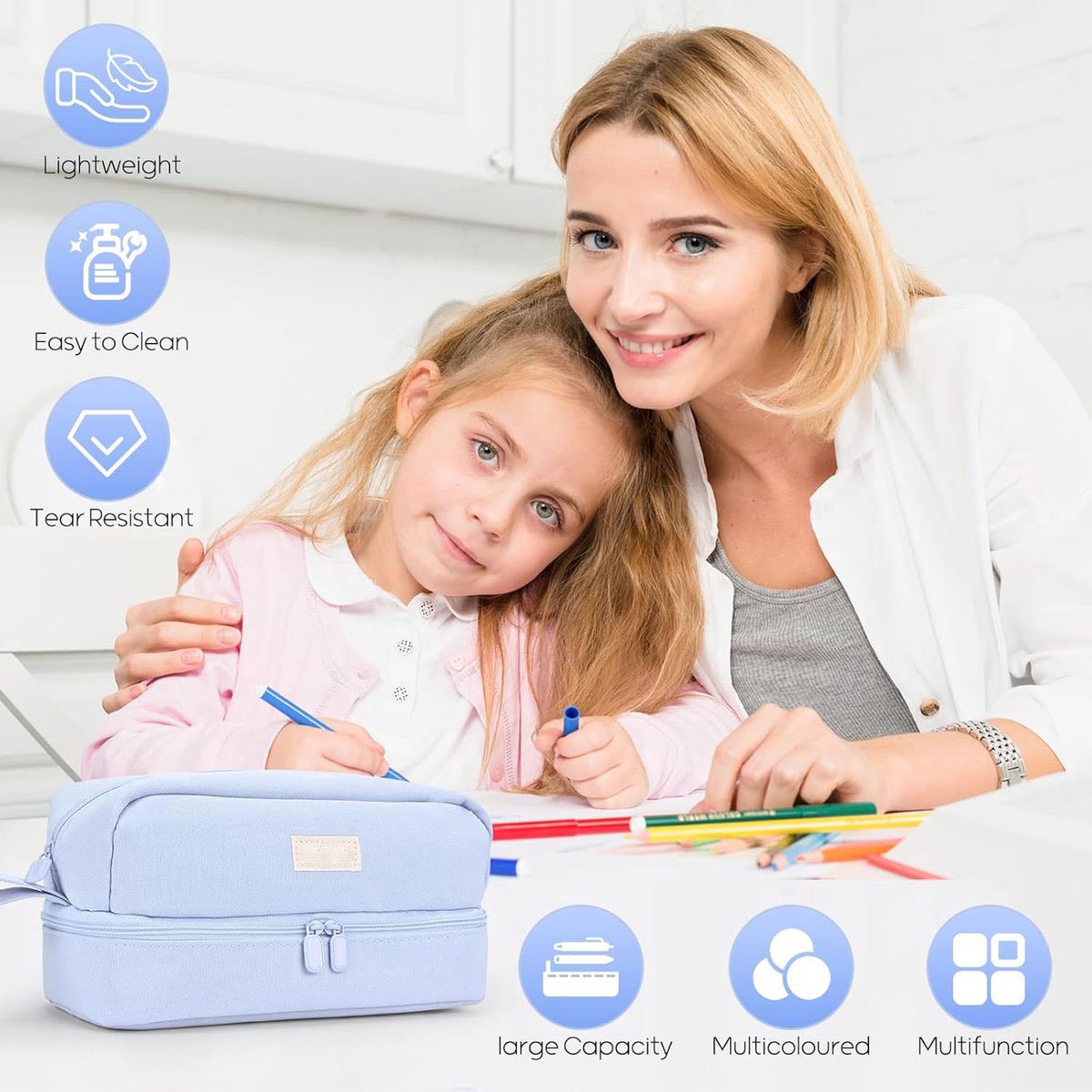 Pencil case - Boy's pencil case - Girl's pencil case - School cases - Large pencil case - School supplies - Suitable for students - Girls - Girls and teenagers (blue)