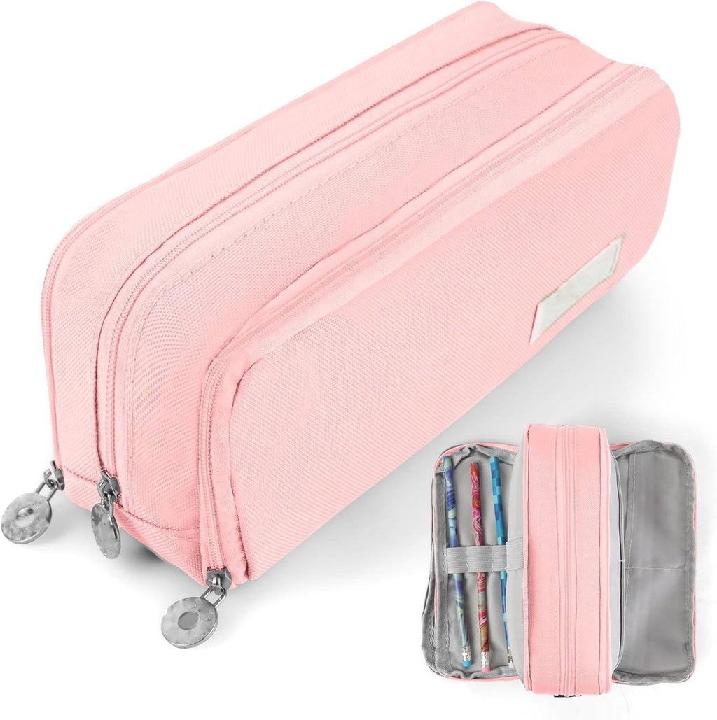 Pencil case - Boy's pencil case - Girl's pencil case - School cases - Large pencil case - 3-compartment pencil case - School supply organizer - For boys and girls (pink)
