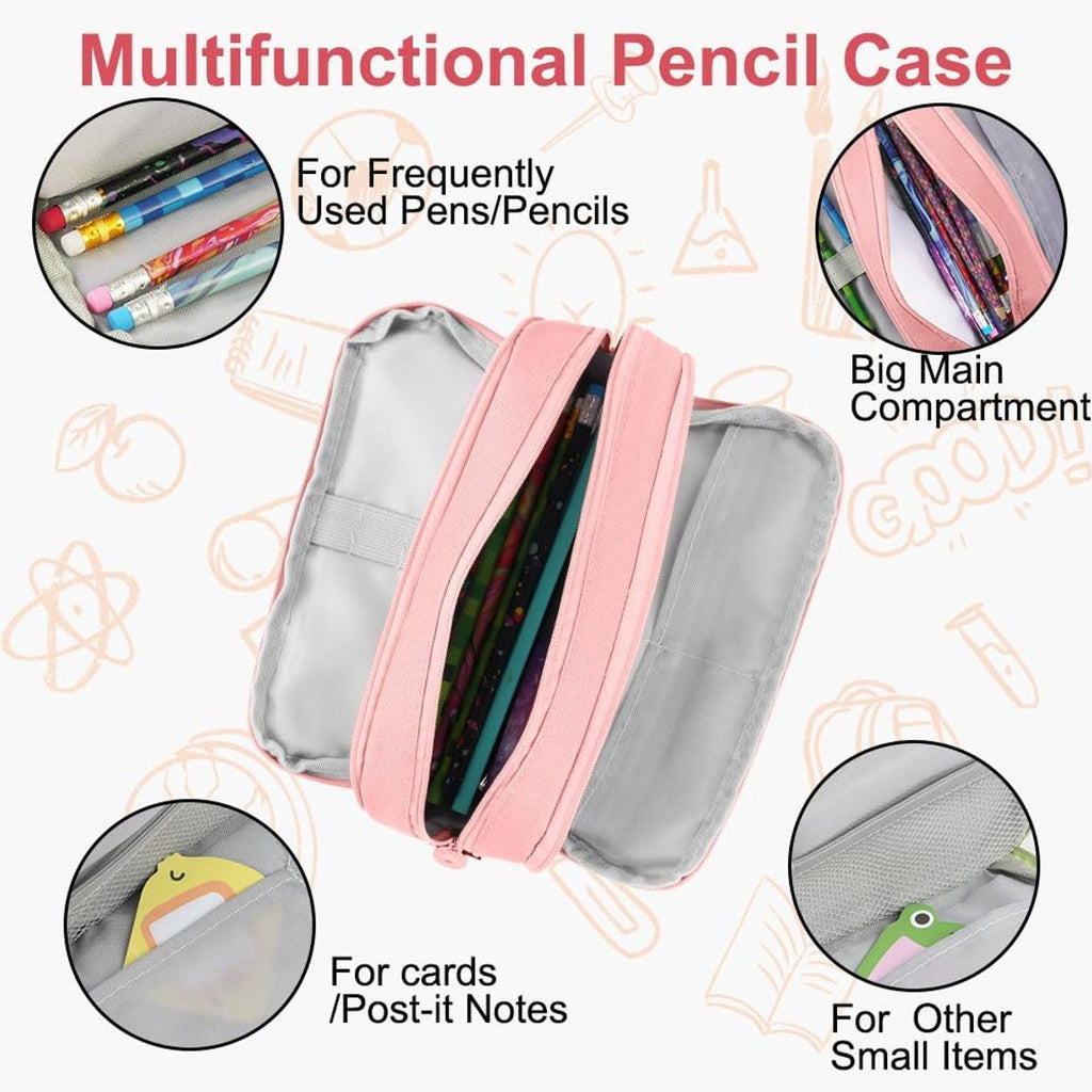 Pencil case - Boy's pencil case - Girl's pencil case - School cases - Large pencil case - 3-compartment pencil case - School supply organizer - For boys and girls (pink)
