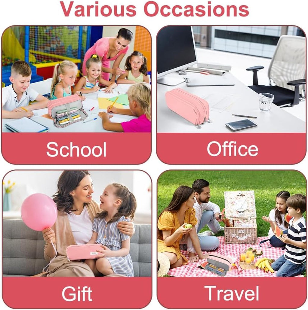 Pencil case - Boy's pencil case - Girl's pencil case - School cases - Large pencil case - 3-compartment pencil case - School supply organizer - For boys and girls (pink)