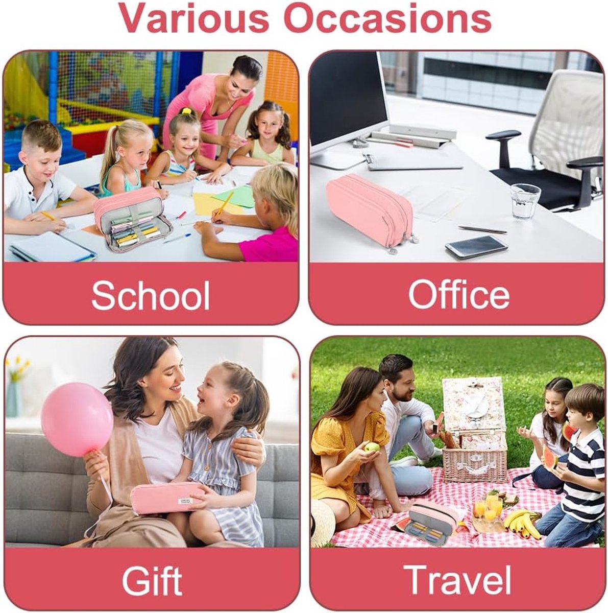 Pencil case - Boy's pencil case - Girl's pencil case - School cases - Large pencil case - 3-compartment pencil case - School supply organizer - For boys and girls (pink)