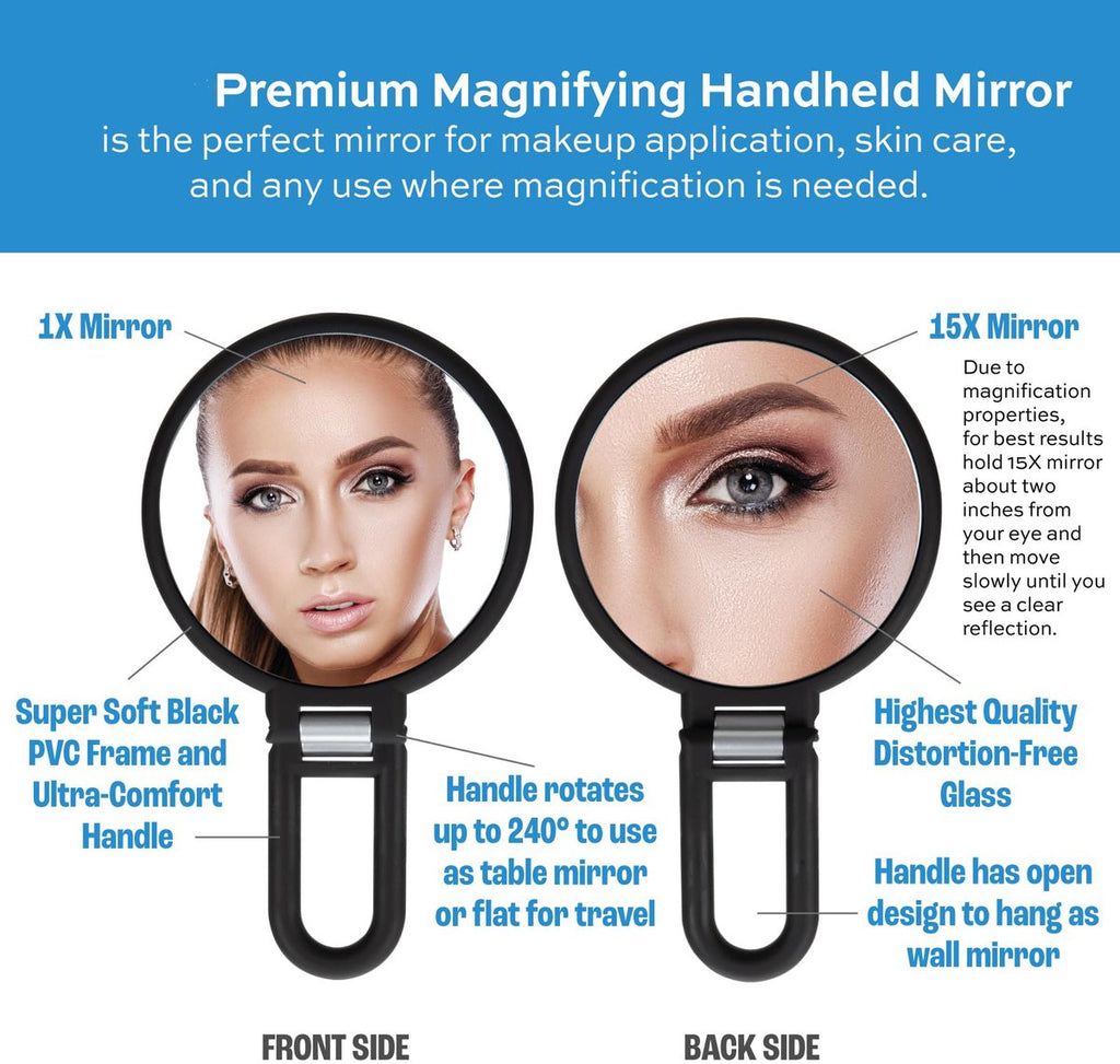 Pocket Mirror - 15x Magnifying Pocket Mirror - Pocket Mirror - Portable Travel Mirror - Makeup Mirror - Beauty Mirror - with Handle - Round - Practical - Black