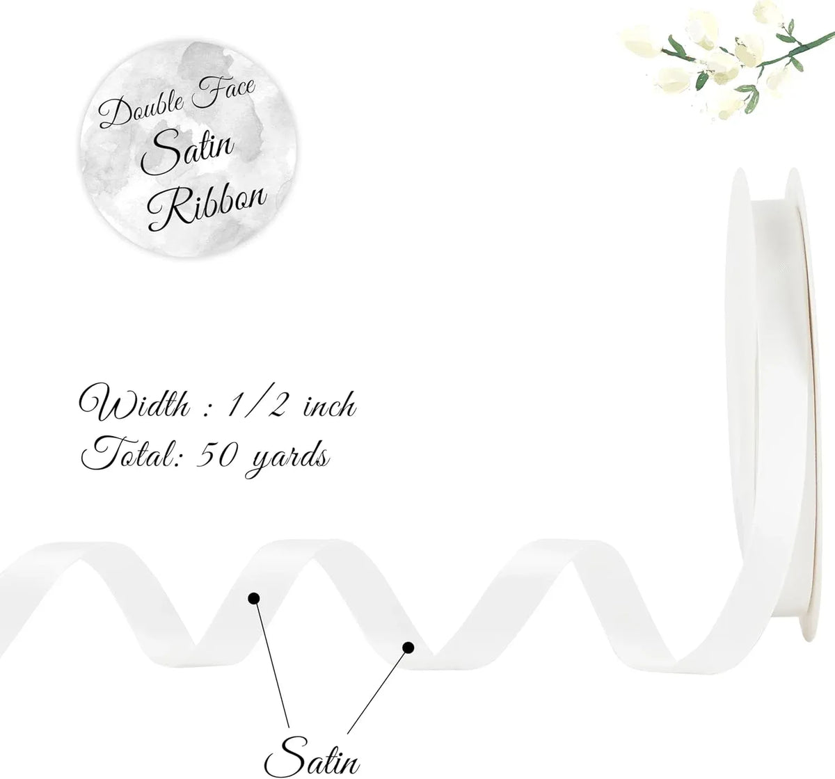 Double Faced Satin Ribbon, Polyester Craft Ribbon for Wedding Gift Wrap, White 1/2 In x 50 Yd