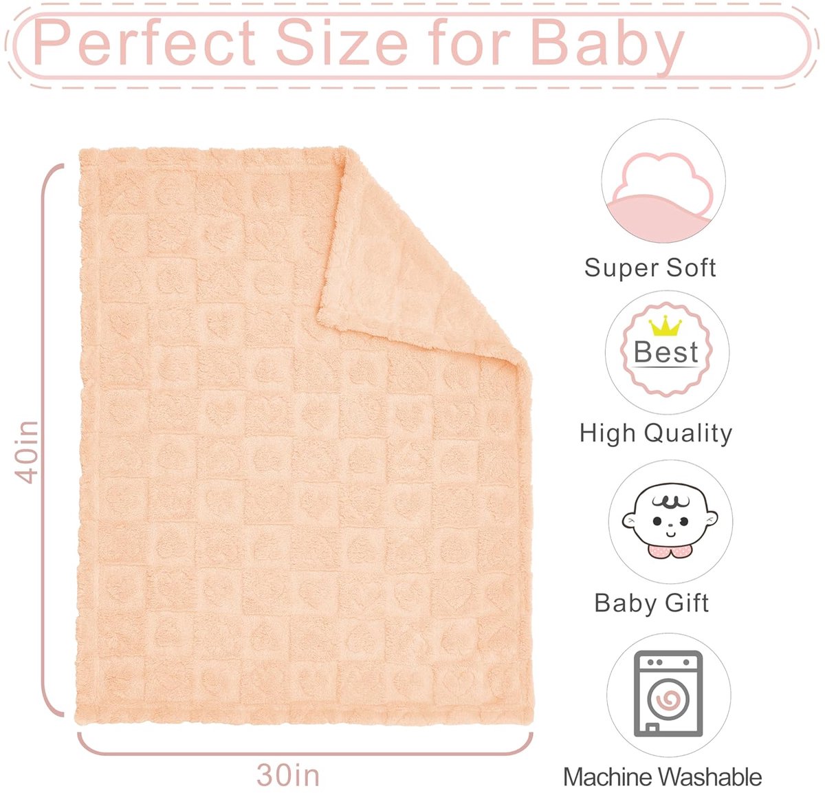 Baby blanket with heart motif, ultra-soft, cozy baby blankets for girls and boys, soft baby and toddler blankets for newborn babies, gifts for the crib and stroller (76 x 102 cm) (apricot pink)