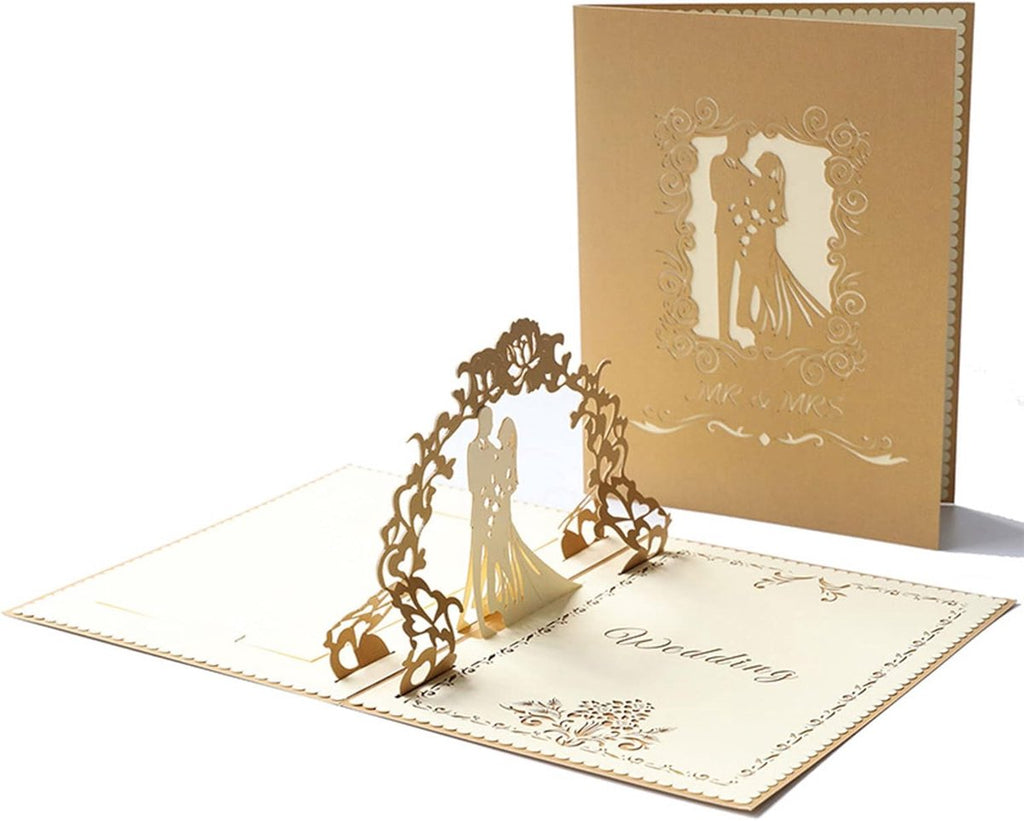 3D Pop-Up Wedding Card - Comes with a high-quality envelope - Suitable for wedding anniversaries, wedding gifts, birthdays, and wedding invitations (Gold)