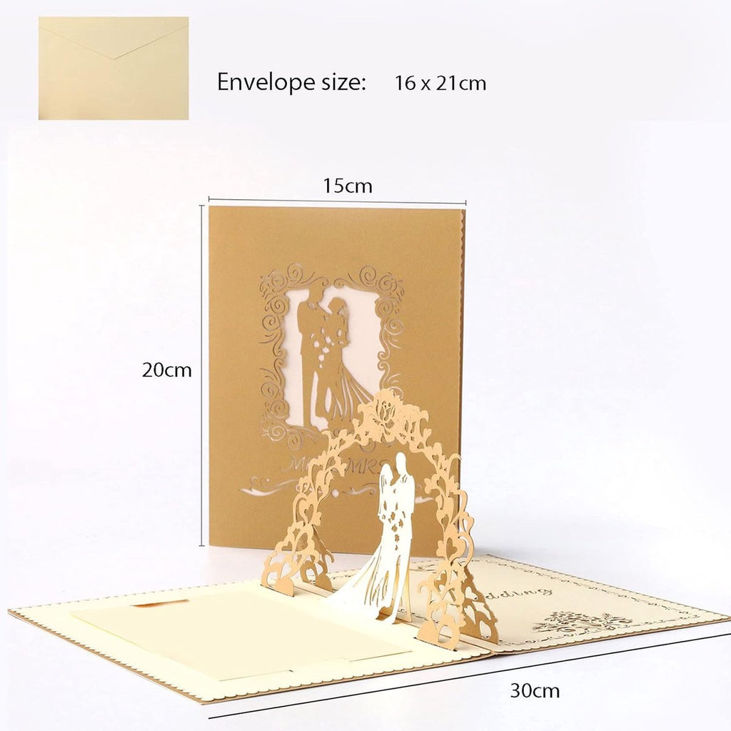 3D Pop-Up Wedding Card - Comes with a high-quality envelope - Suitable for wedding anniversaries, wedding gifts, birthdays, and wedding invitations (Gold)