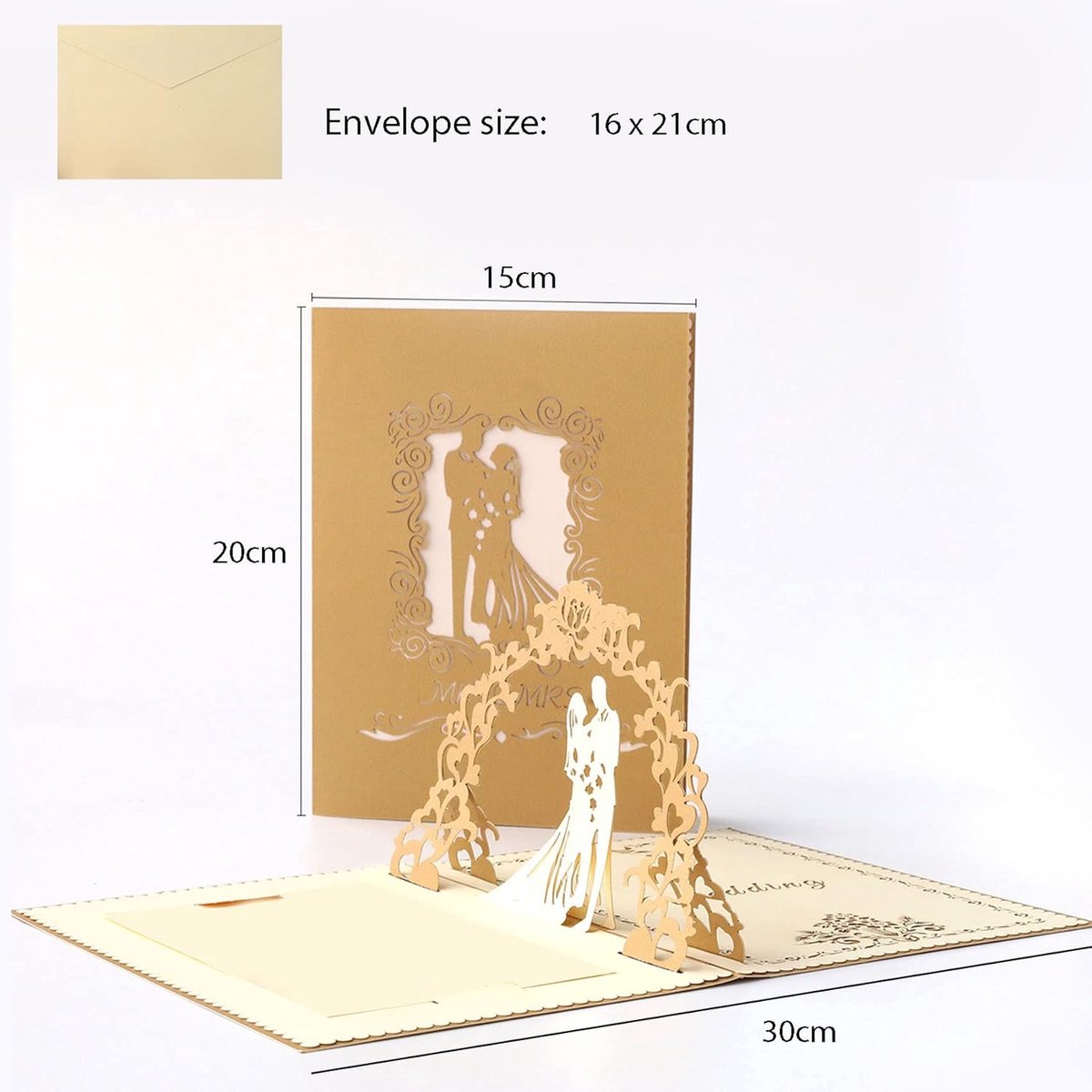3D Pop-Up Wedding Card - Comes with a high-quality envelope - Suitable for wedding anniversaries, wedding gifts, birthdays, and wedding invitations (Gold)