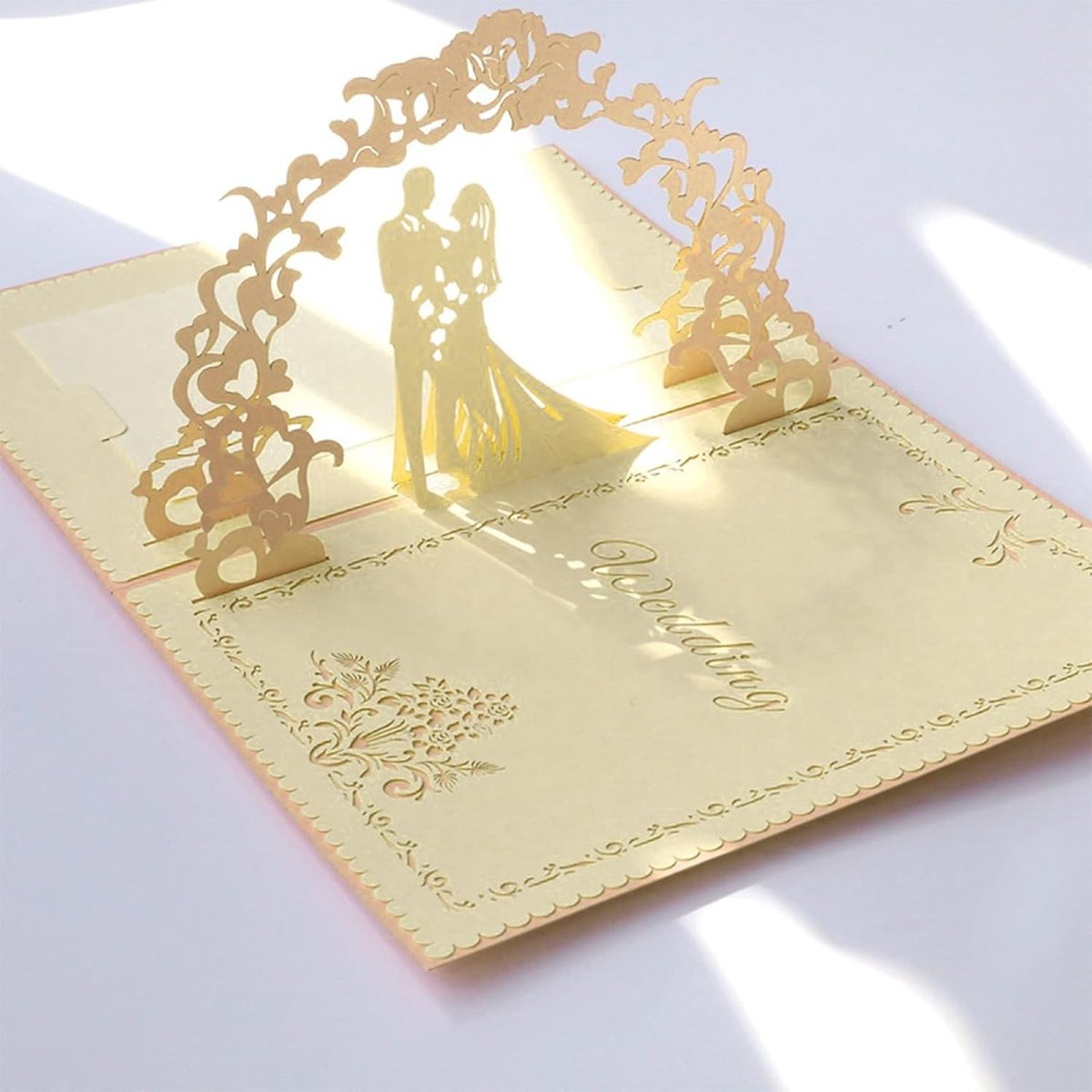 3D Pop-Up Wedding Card - Comes with a high-quality envelope - Suitable for wedding anniversaries, wedding gifts, birthdays, and wedding invitations (Gold)