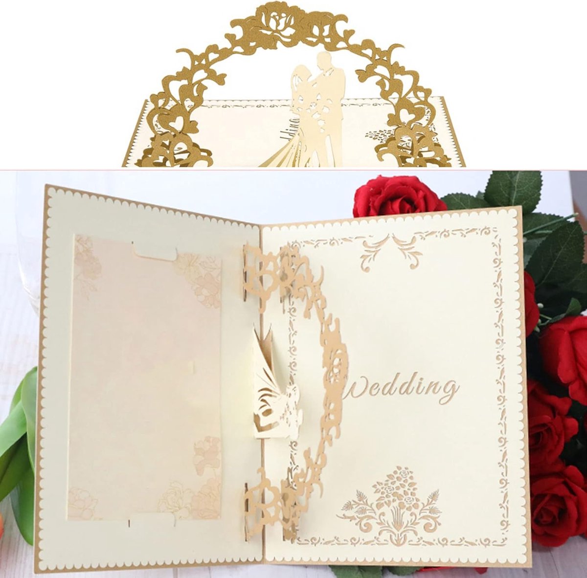 3D Pop-Up Wedding Card - Comes with a high-quality envelope - Suitable for wedding anniversaries, wedding gifts, birthdays, and wedding invitations (Gold)