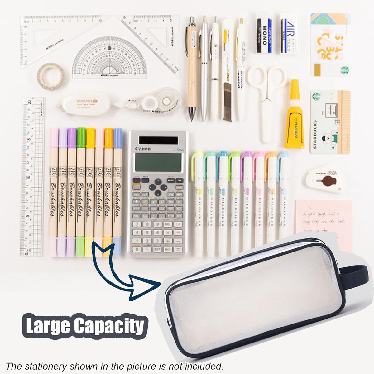Transparent pencil case - transparent black - teen pencil case - large case for school and office - adult pencil case