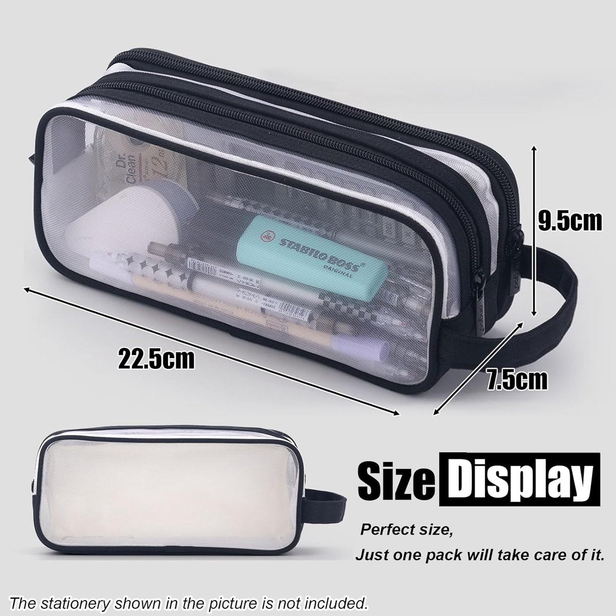 Transparent pencil case - transparent black - teen pencil case - large case for school and office - adult pencil case