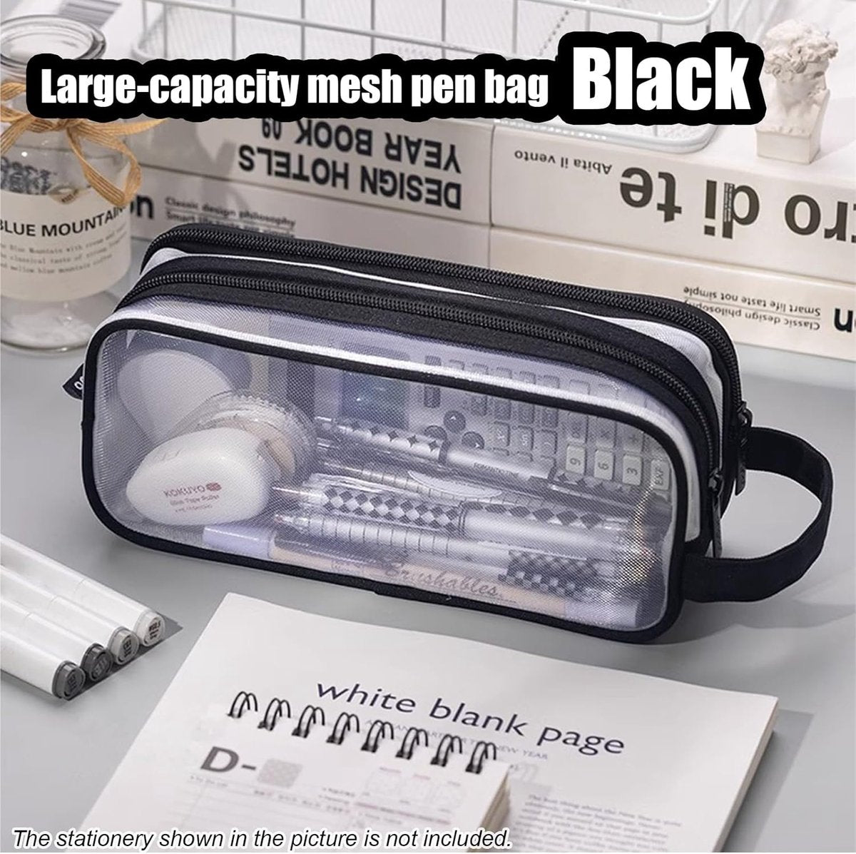 Transparent pencil case - transparent black - teen pencil case - large case for school and office - adult pencil case
