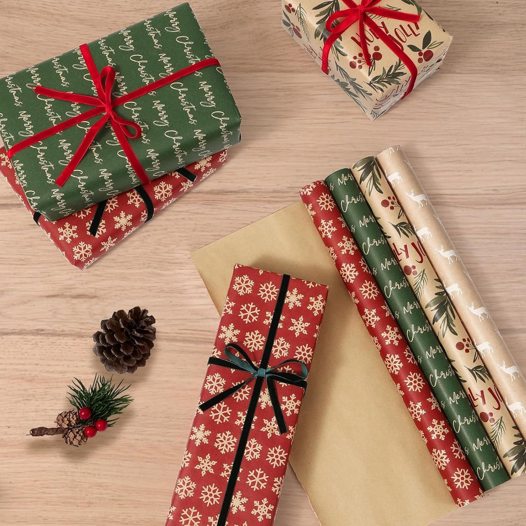 Wrapping paper - Christmas wrapping paper - Christmas gift paper - Wrapping paper with figures - 43 x 300cm - 4 rolls - Christmas paper wrapping paper for Christmas - Christmas paper wrapping paper for children - gift paper - Kraft gift paper - Christmas