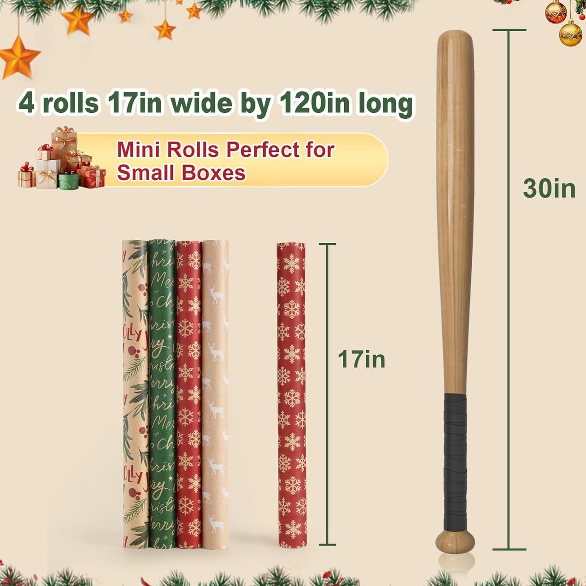 Wrapping paper - Christmas wrapping paper - Christmas gift paper - Wrapping paper with figures - 43 x 300cm - 4 rolls - Christmas paper wrapping paper for Christmas - Christmas paper wrapping paper for children - gift paper - Kraft gift paper - Christmas