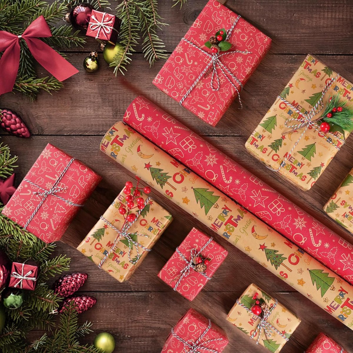 Wrapping paper - Christmas wrapping paper - Christmas gift paper - Wrapping paper with figures - 43 x 300cm - 2 Rolls - Christmas paper wrapping paper for Christmas - Christmas paper wrapping paper for children - gift paper - Kraft gift paper - Christmas