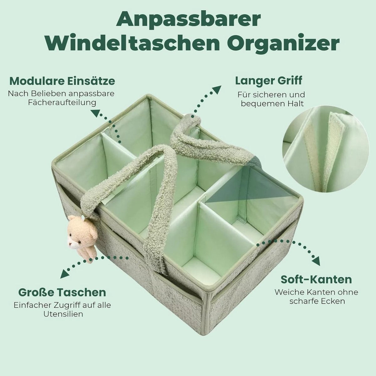 Baby storage basket - portable baby storage basket - felt baby storage - removable compartment - perfect for newborn essentials, storage, and diaper changing - Light green