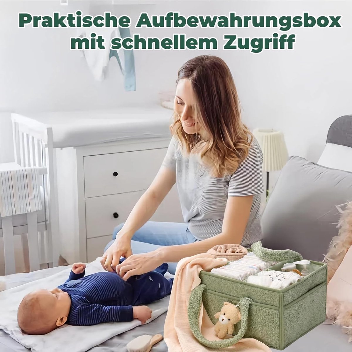 Baby storage basket - portable baby storage basket - felt baby storage - removable compartment - perfect for newborn essentials, storage, and diaper changing - Light green