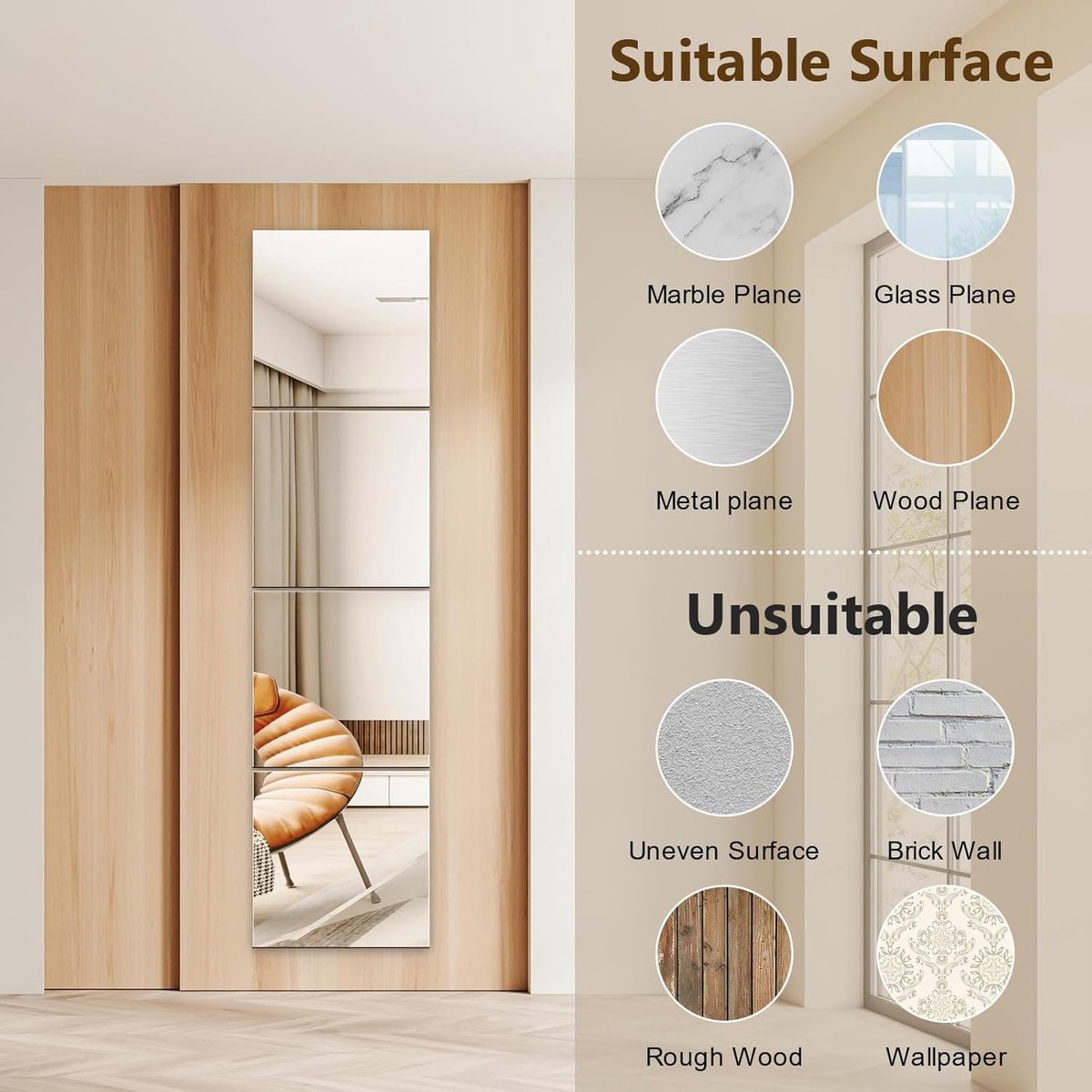 4 Pack Full Length Wall Mirror - 12 x 12 Inch Acrylic Mirror Tiles - Wall Stickers - Adhesive Mirrors - Door Mirror - Mirror Sticker - Wall Mirror - for Bedroom Home Gym Door - Home Accessories