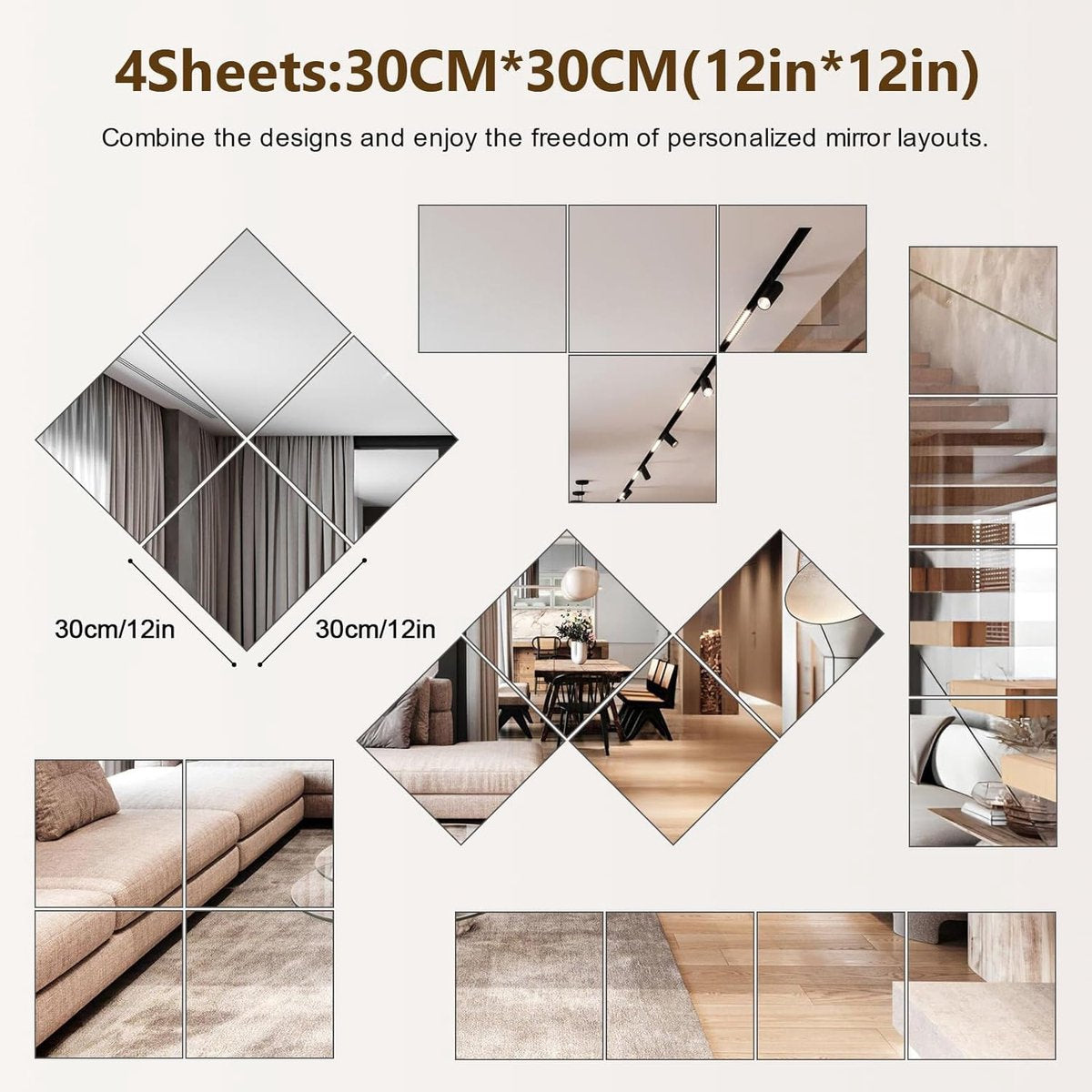 4 Pack Full Length Wall Mirror - 12 x 12 Inch Acrylic Mirror Tiles - Wall Stickers - Adhesive Mirrors - Door Mirror - Mirror Sticker - Wall Mirror - for Bedroom Home Gym Door - Home Accessories