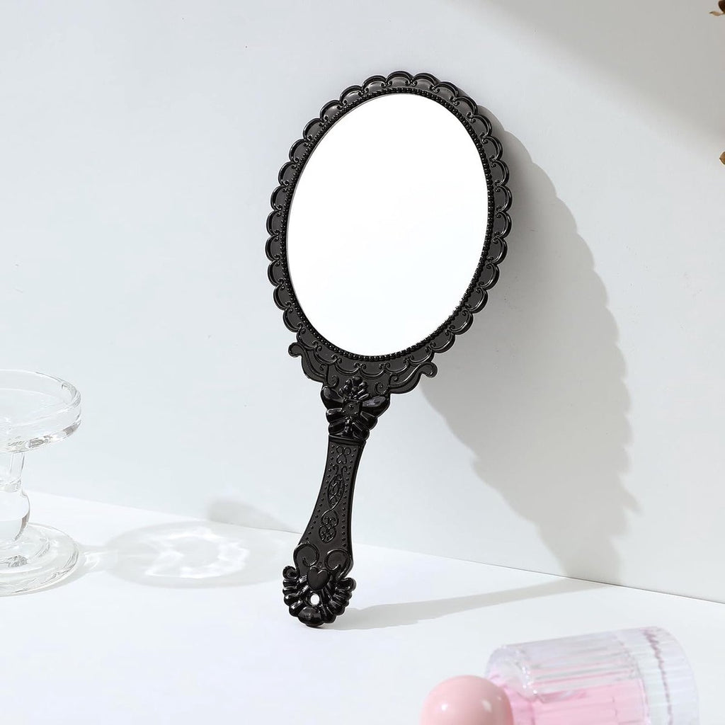 Hand Mirror with Handle - Make-up Mirror - Make-up Mirror - Oval Mirror - Travel Mirror - 12 x 10 cm Mirror Surface - Shaving Mirror - Hairdressing Mirror - Black - Plastic Handle