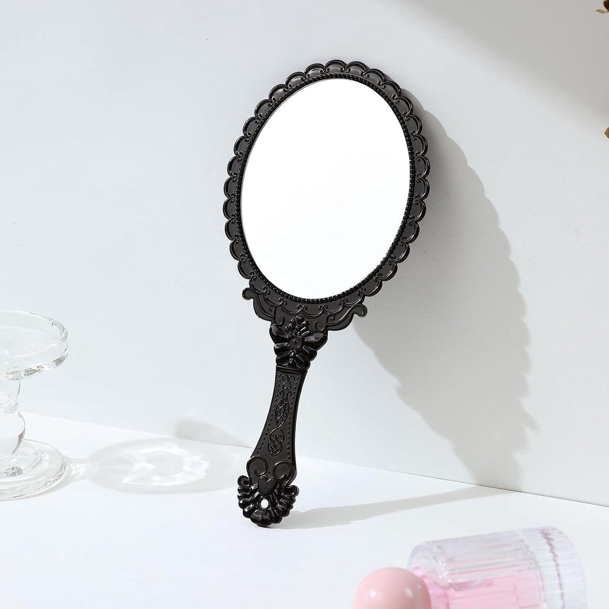 Hand Mirror with Handle - Make-up Mirror - Make-up Mirror - Oval Mirror - Travel Mirror - 12 x 10 cm Mirror Surface - Shaving Mirror - Hairdressing Mirror - Black - Plastic Handle