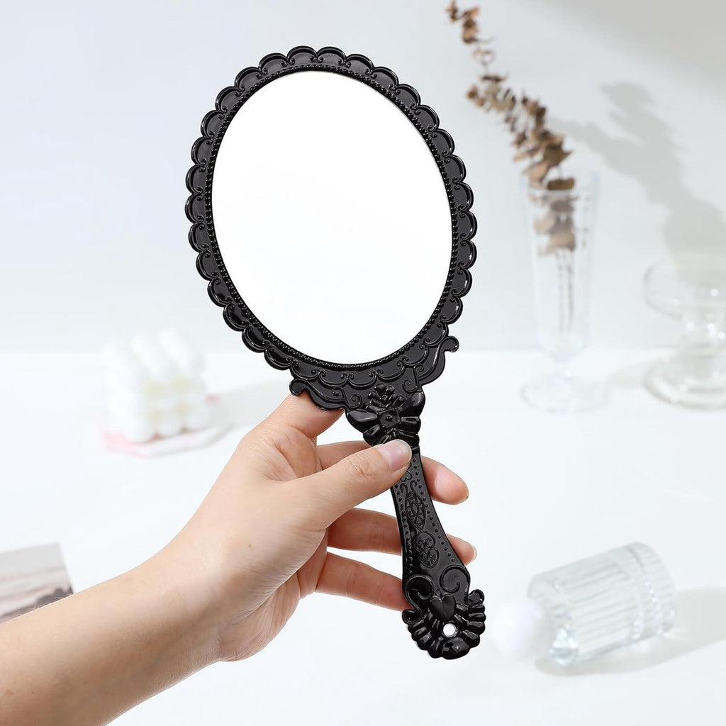 Hand Mirror with Handle - Make-up Mirror - Make-up Mirror - Oval Mirror - Travel Mirror - 12 x 10 cm Mirror Surface - Shaving Mirror - Hairdressing Mirror - Black - Plastic Handle