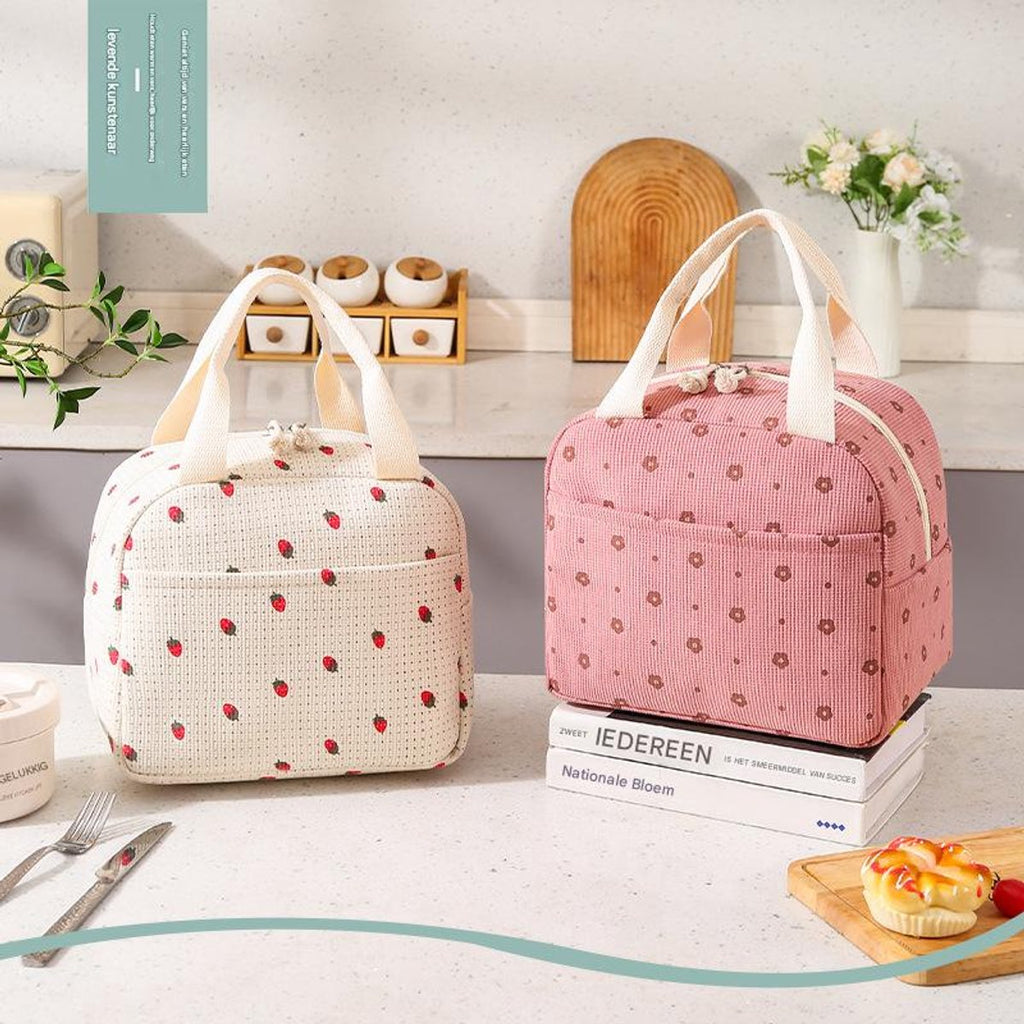 Lunch Bag - Corduroy - Lunch Box for Students/Office Workers - Insulated Bag - Waterproof - Portable Handle - Cute Lunch Bag - Beige
