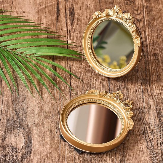 2 pcs small vintage wall mirror - round gold wall mirror - hanging mirror - portable mirror with handle - dressing table mirror - makeup tools for women - bedroom decoration