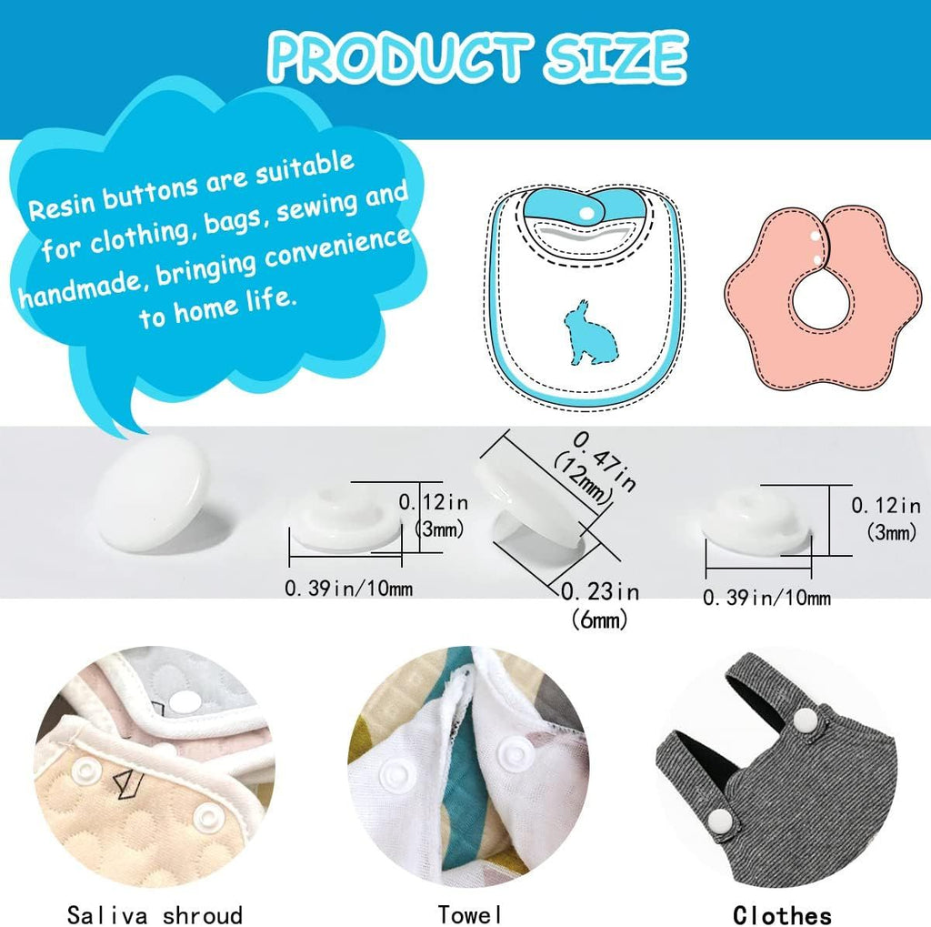 100 Sets T5 Round Resin Plastic Snap Fasteners, No Sew Press Stud Buttons for Baby Clothes, Nappies, Sewing and DIY Crafts, White