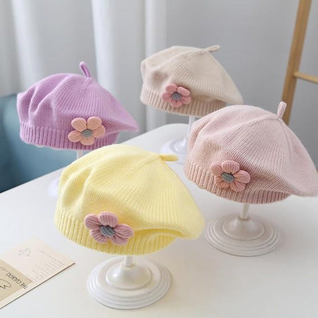 Girls' beret winter warm hat toddler French knitted hat baby cute floral beret, for Cold Weather, Travel and Daily Winter Wear, White