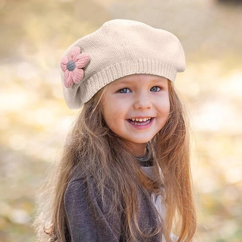 Girls' beret winter warm hat toddler French knitted hat baby cute floral beret, for Cold Weather, Travel and Daily Winter Wear, Beige