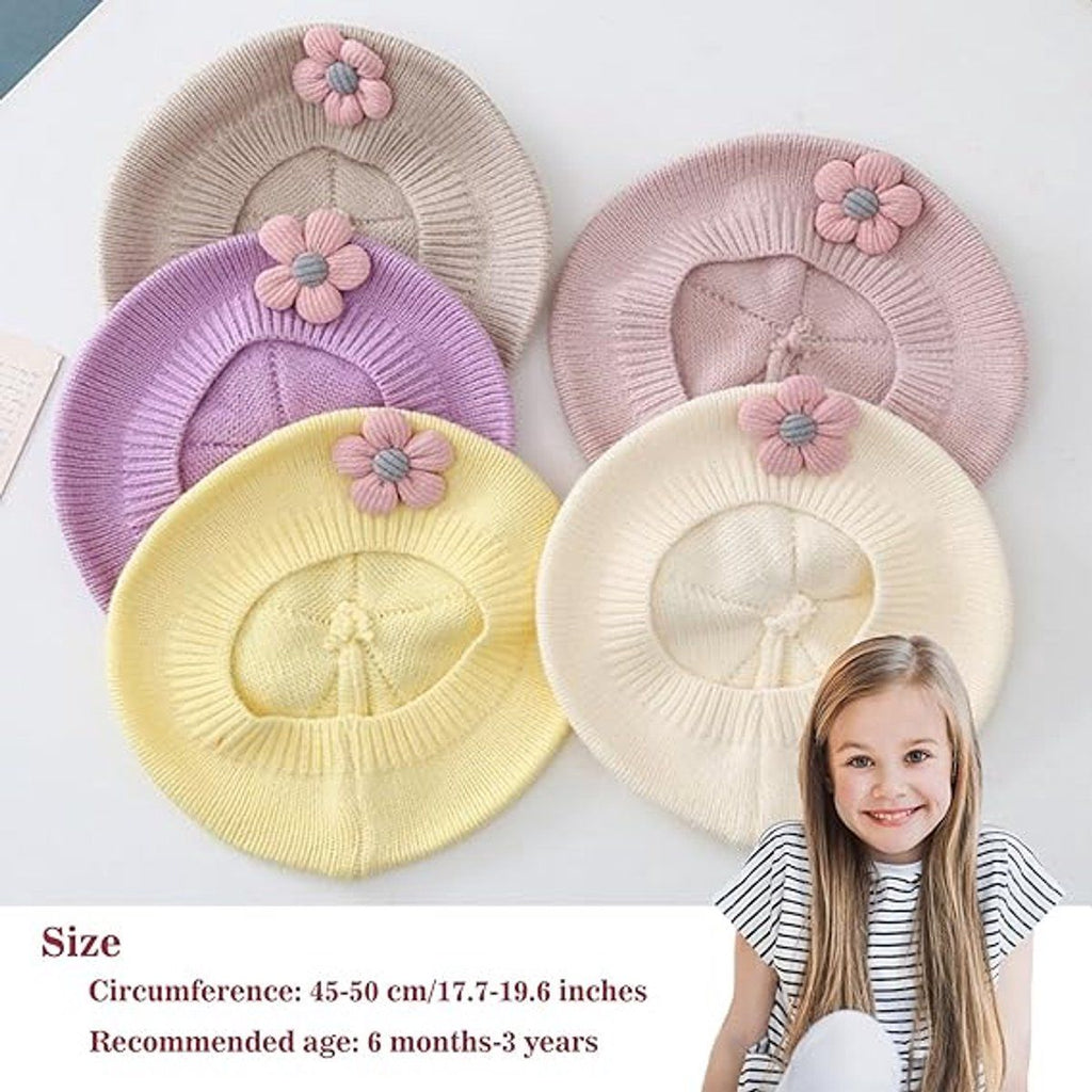 Girls' beret winter warm hat toddler French knitted hat baby cute floral beret, for Cold Weather, Travel and Daily Winter Wear, Yellow