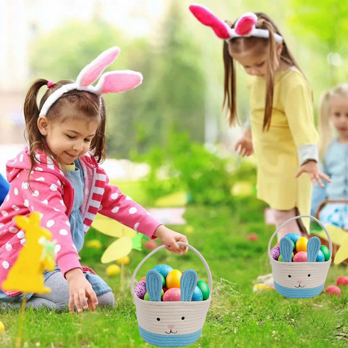 Easter Basket for Boys Girls Easter Bunny Basket with Rabbit Ears, Easter Egg Hunting Basket Easter Baskets for Kids Babies First Easter Gifts D