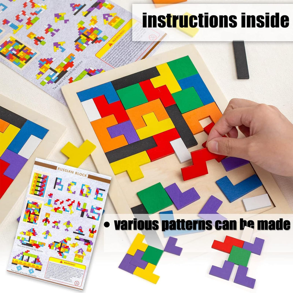 Wooden Russian Blocks for Kids Ages 3-8, Educational Gift for Family, Portable Brain Teasers Toy with Storage Bag