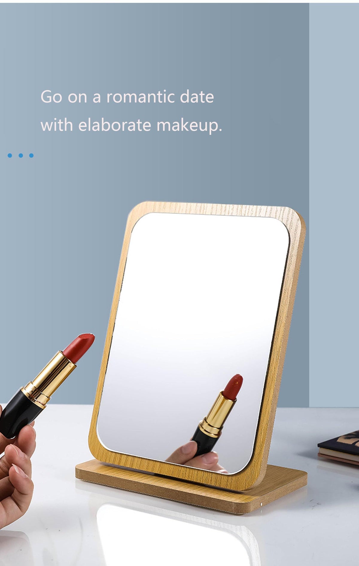 Rectangular Compact Table Mirror Vertical Wood Frame Mirror Table Mirror 90 Degree Rotation Makeup Mirror Back Stand Makeup Mirror